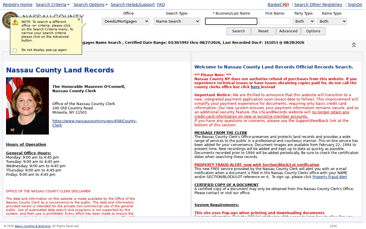 Nassau County Official Land Search page for Rockville Centre deed and SBL record research