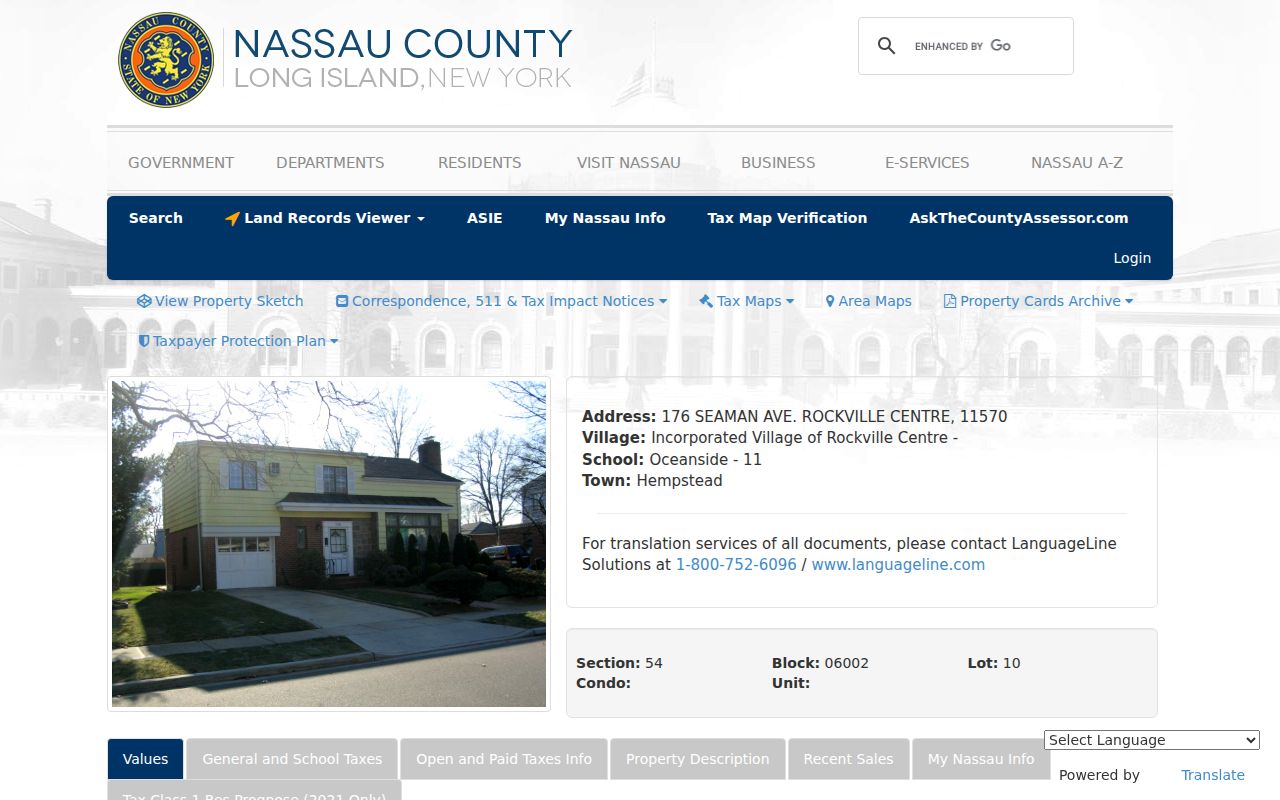 Rockville Centre parcel card sample in Nassau Land Records Viewer showing SBL and assessment tabs